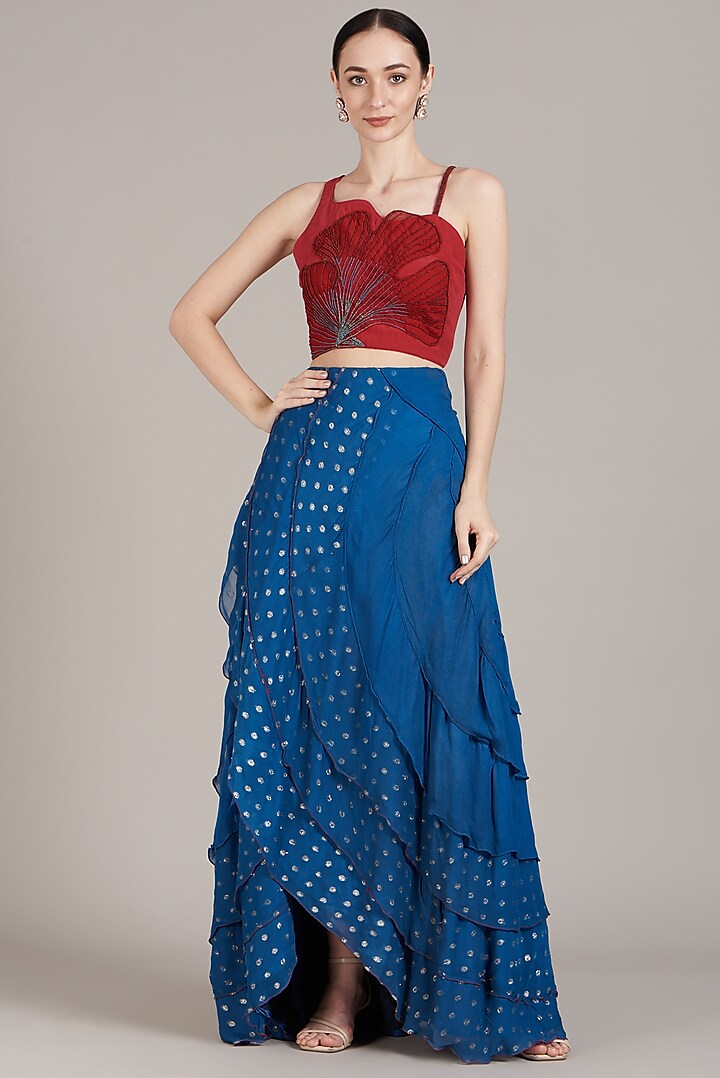 Cobalt Blue Georgette Skirt Set by Sadhvi Dang