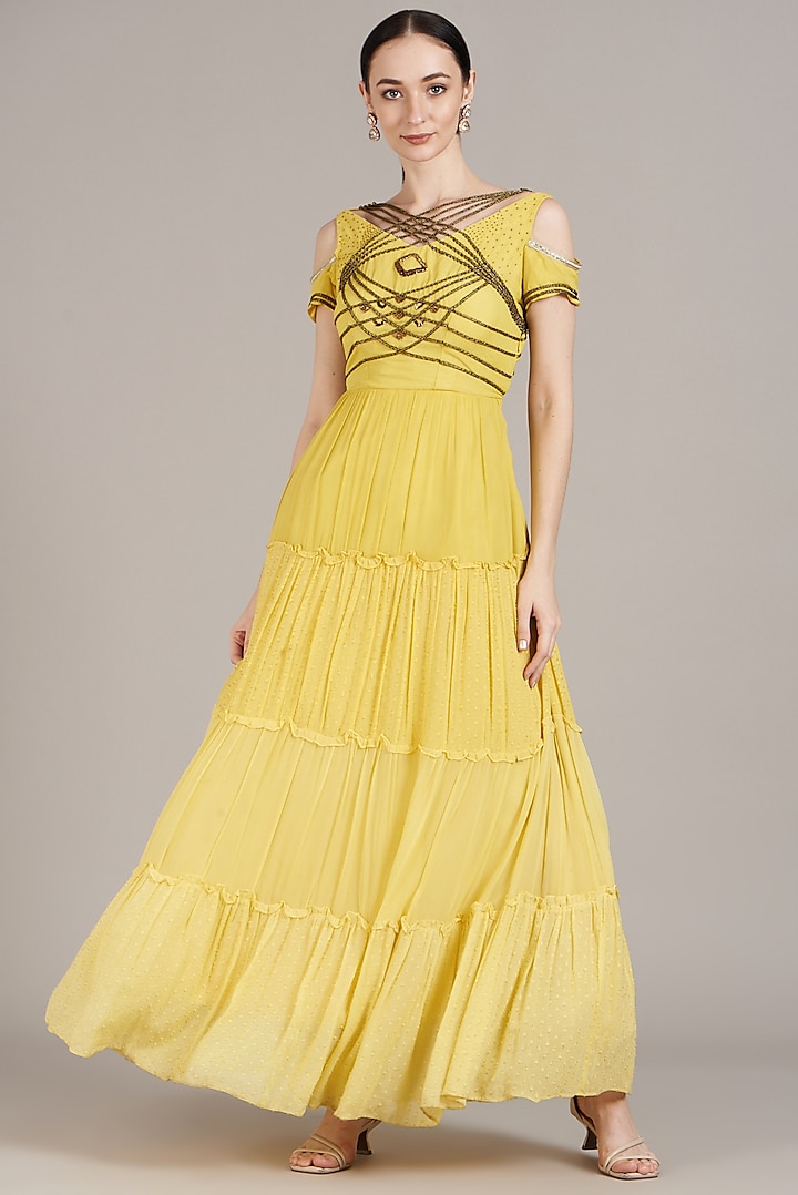 Yellow Hand Embroidered Dress by Sadhvi Dang