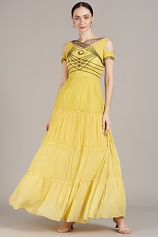 Yellow Hand Embroidered Dress by Sadhvi Dang