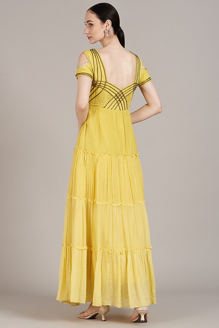 Yellow Hand Embroidered Vacation Dress by Sadhvi Dang at Pernia's Pop Up Shop