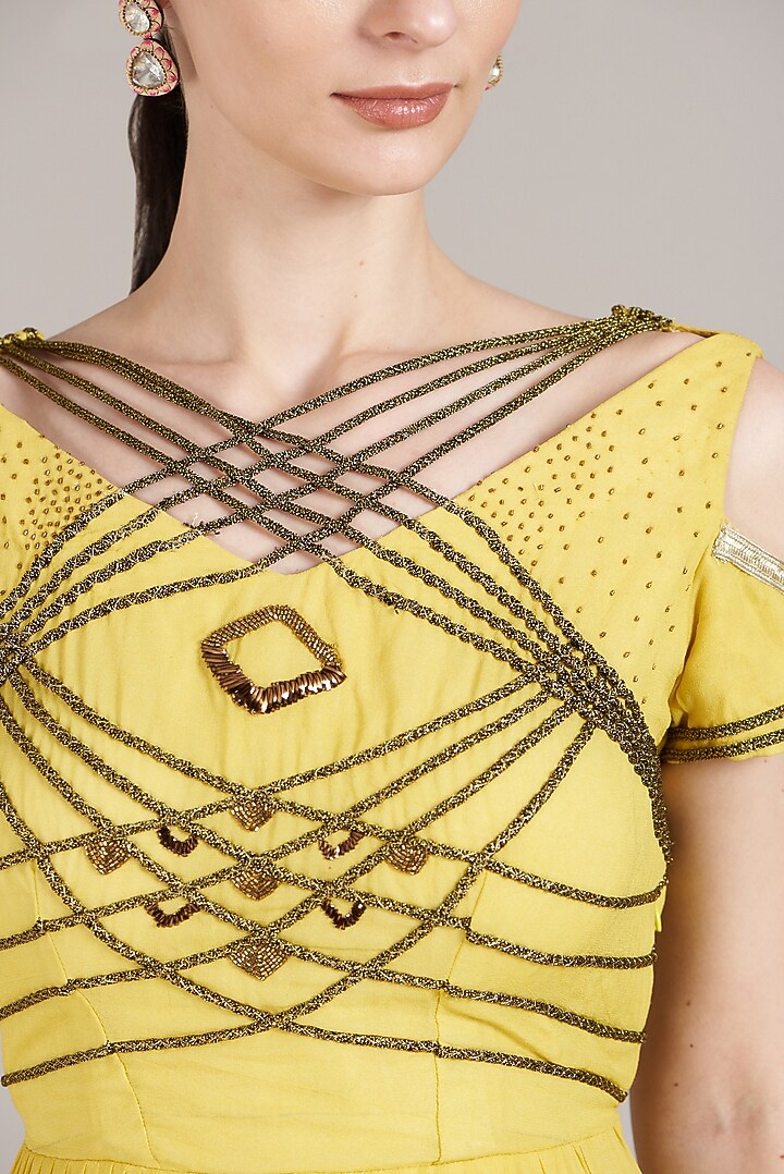 Yellow Hand Embroidered Vacation Dress by Sadhvi Dang at Pernia's Pop Up Shop
