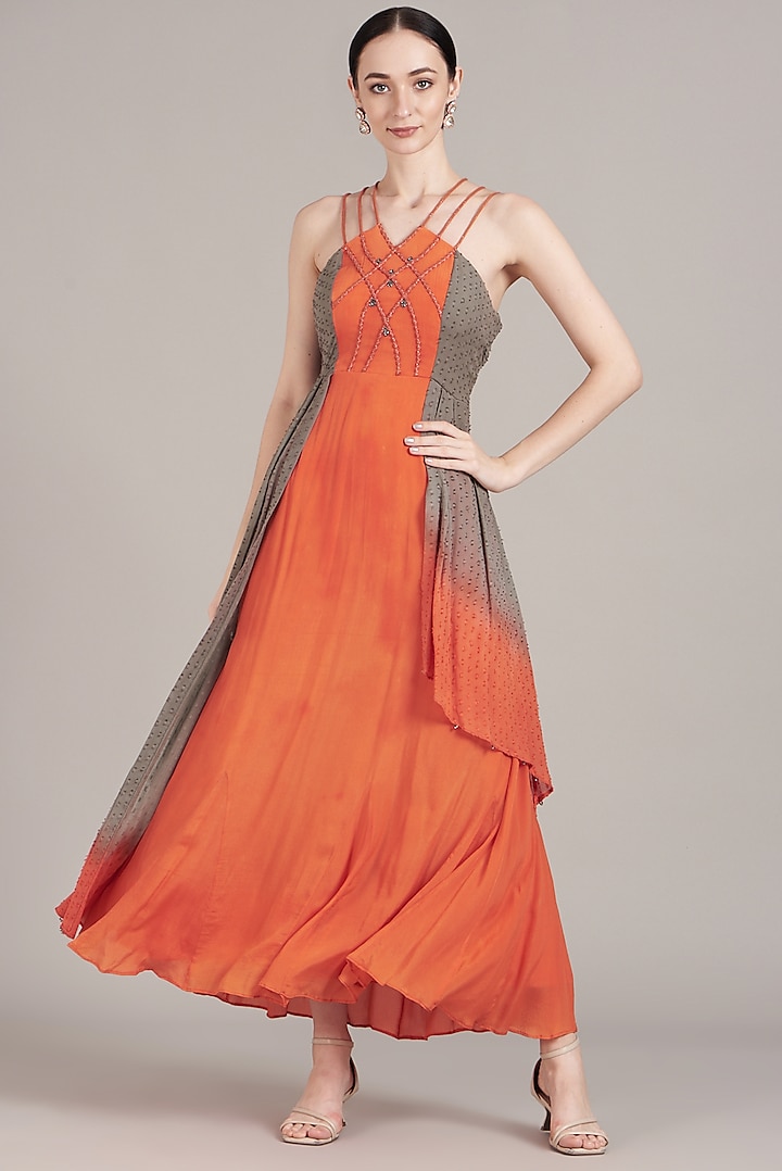 Orange & Grey Ombre Embroidered Draped Dress by Sadhvi Dang