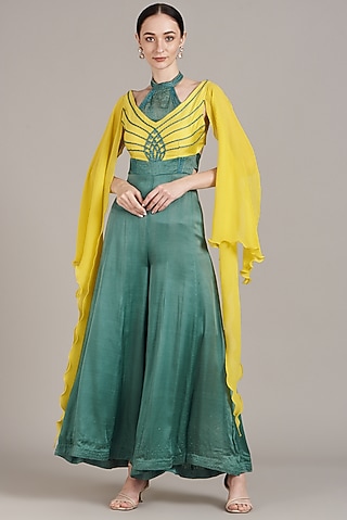 Yellow & Blue Embroidered Flared Jumpsuit by Sadhvi Dang