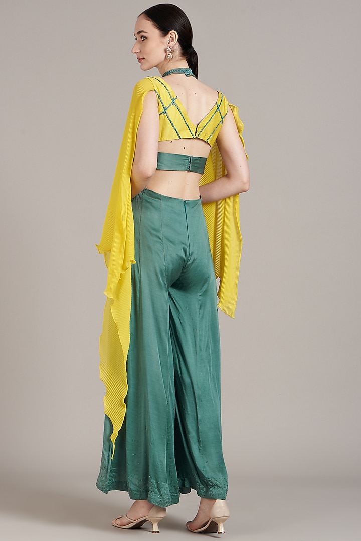 Yellow & Blue Embroidered Flared Jumpsuit by Sadhvi Dang at Pernia's Pop Up Shop