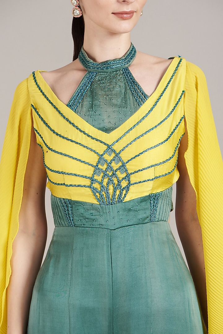 Yellow & Blue Embroidered Flared Jumpsuit by Sadhvi Dang at Pernia's Pop Up Shop