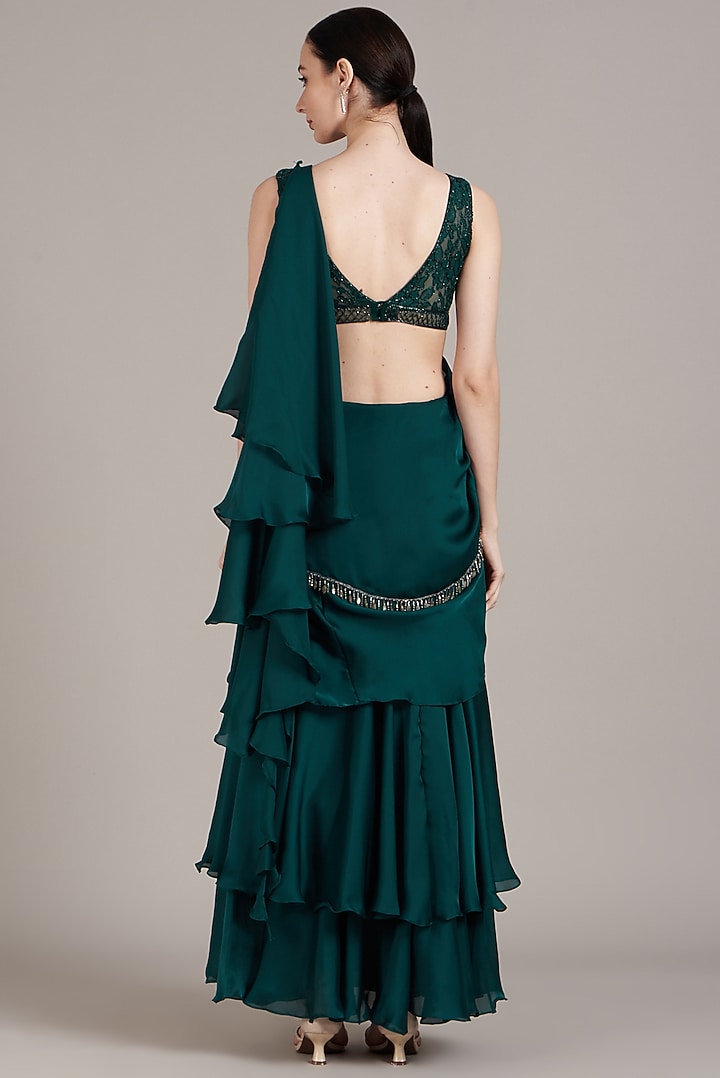 Teal Green Embroidered Draped Wedding Saree Set by Sadhvi Dang at Pernia's Pop Up Shop