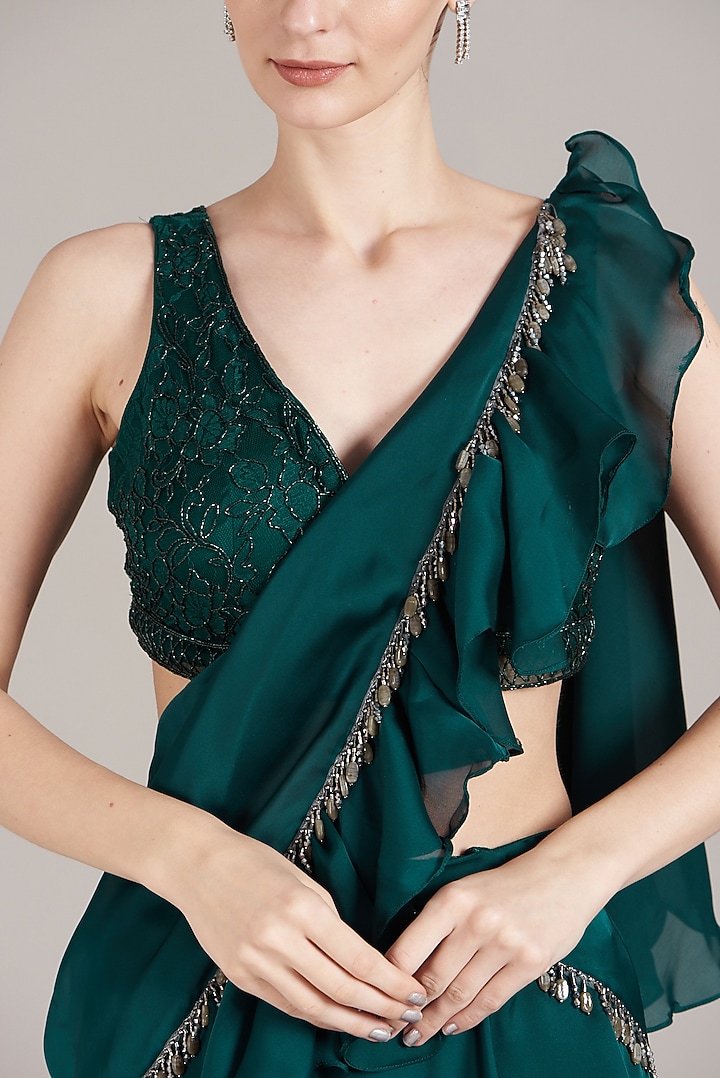 Teal Green Embroidered Draped Wedding Saree Set by Sadhvi Dang at Pernia's Pop Up Shop