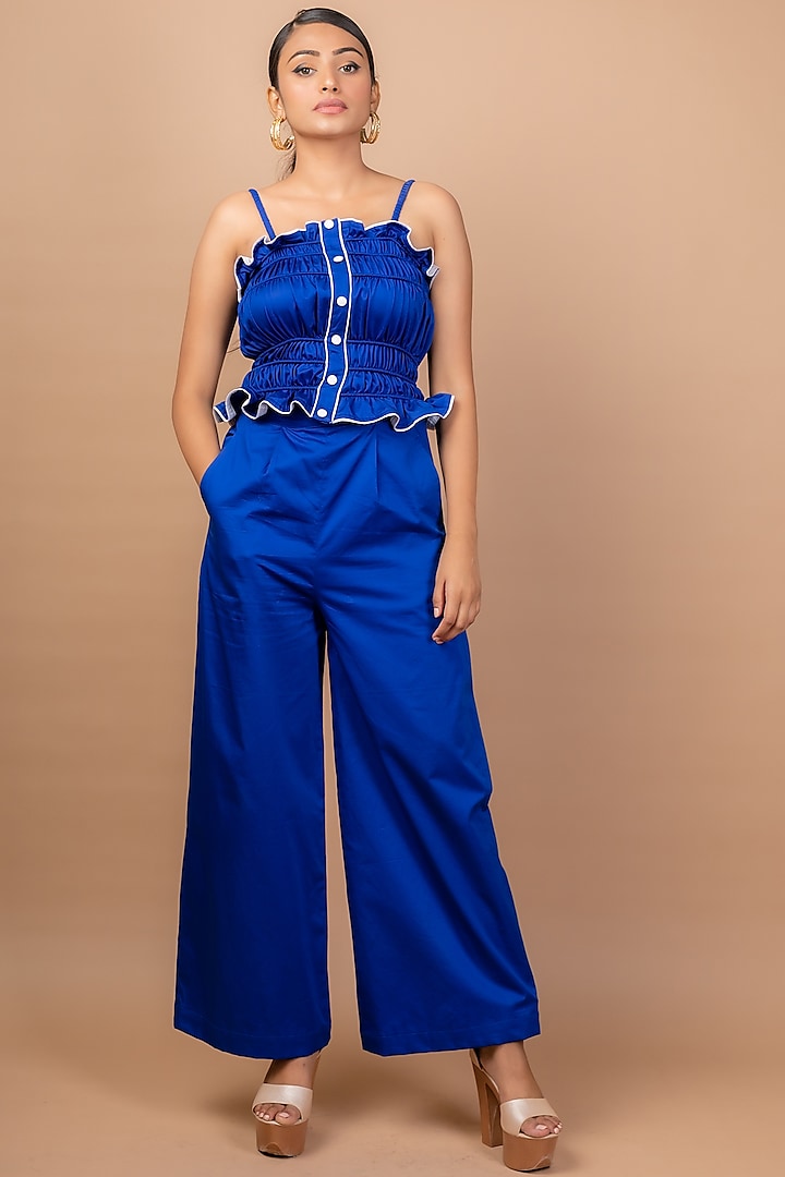 Cobalt Blue Cotton Pant Set by Sadhvi Suri
