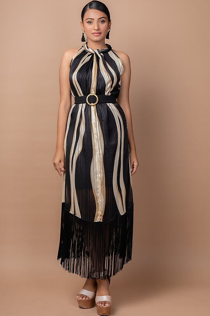 Beige & Black Printed Dress by Sadhvi Suri at Pernia's Pop Up Shop