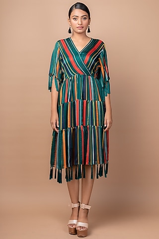 Emerald Green Printed Wrap Dress by Sadhvi Suri