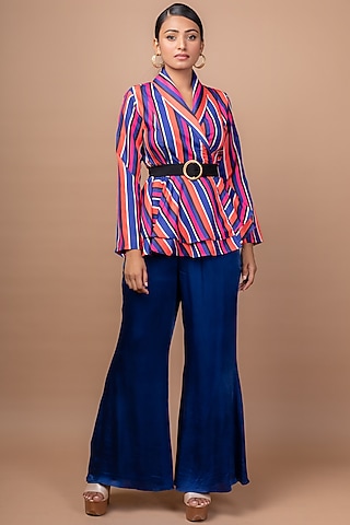 Cobalt Blue Satin Pant Set by Sadhvi Suri