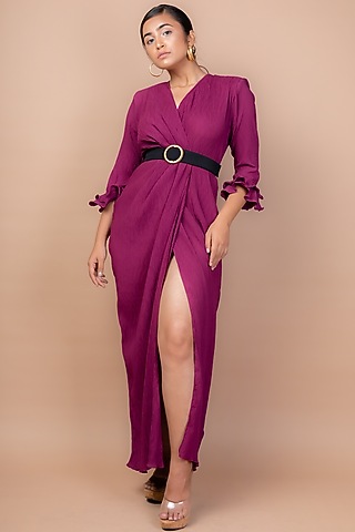 Fuchsia Pleated Crepe Dress by Sadhvi Suri