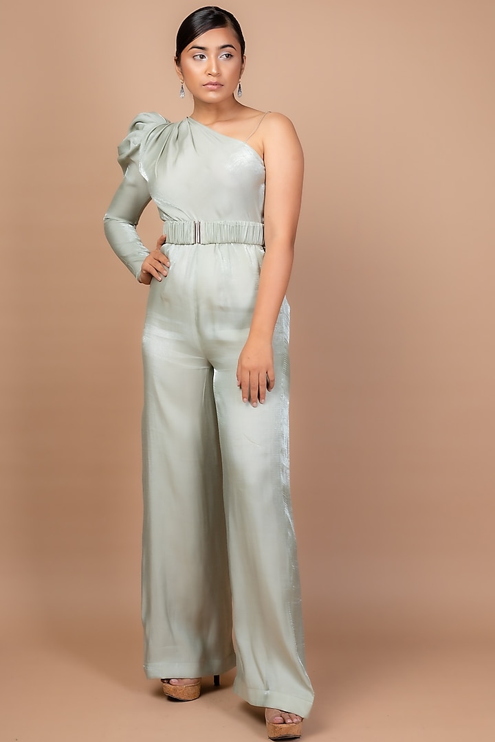 Mint Green Shimmer Satin Jumpsuit by Sadhvi Suri