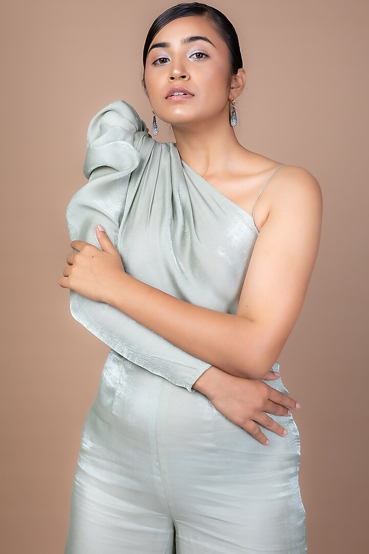 Mint Green Shimmer Satin Jumpsuit by Sadhvi Suri at Pernia's Pop Up Shop