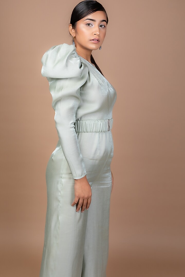 Mint Green Shimmer Satin Jumpsuit by Sadhvi Suri at Pernia's Pop Up Shop
