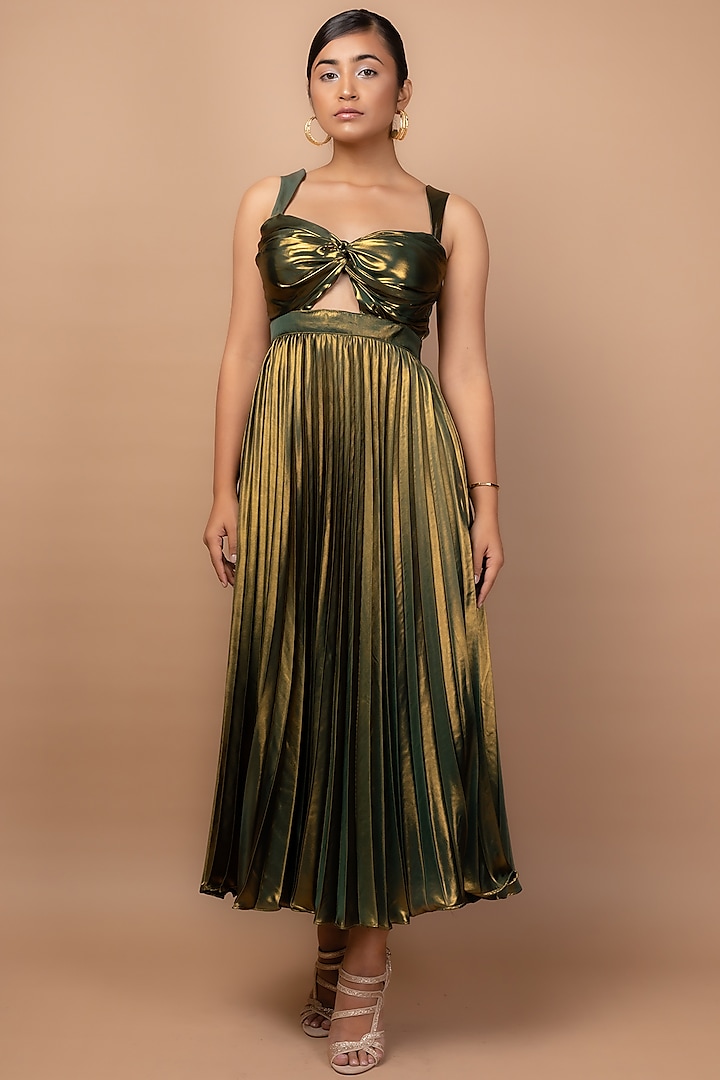 Green Gold Pleated Metallic Crepe Dress by Sadhvi Suri
