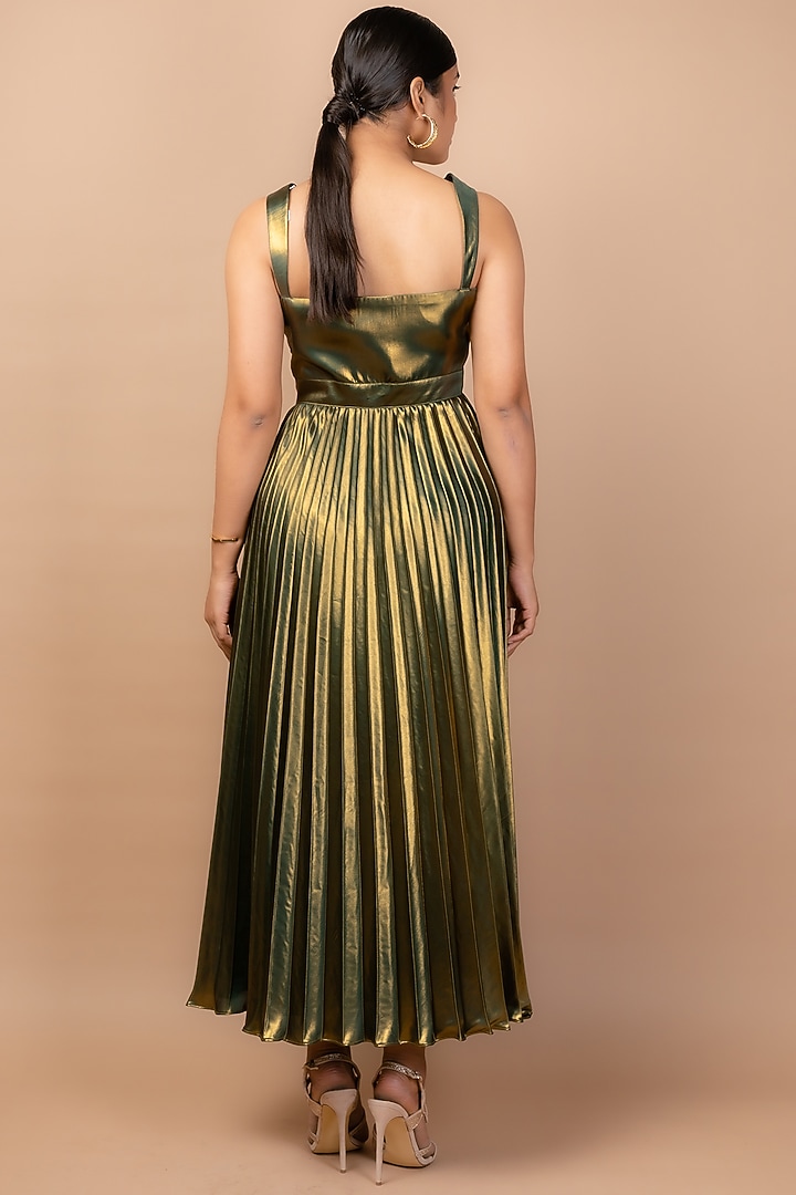 Green Gold Pleated Metallic Crepe Vacation Dress by Sadhvi Suri at Pernia's Pop Up Shop