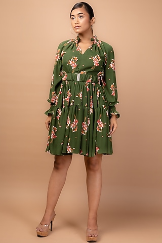 Green Printed Tiered Dress by Sadhvi Suri