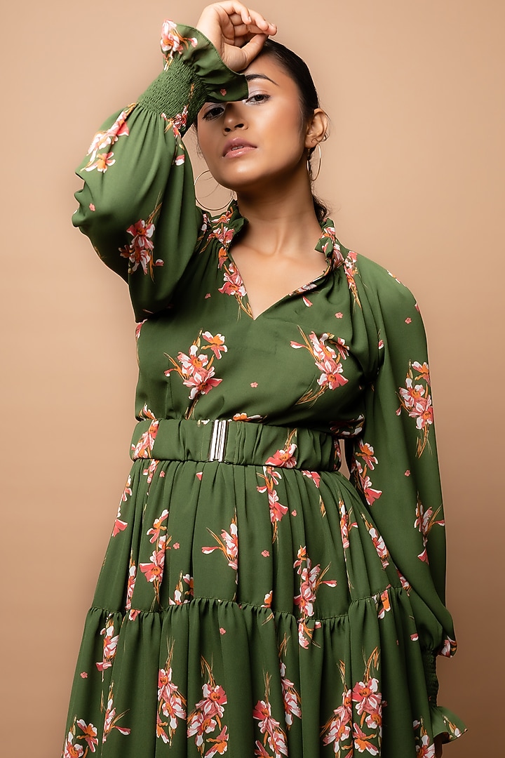 Green Printed Tiered Summer Dress by Sadhvi Suri at Pernia's Pop Up Shop