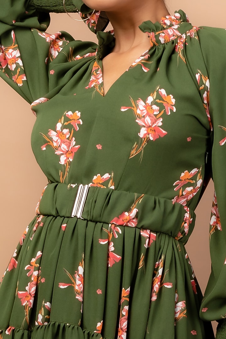 Green Printed Tiered Summer Dress by Sadhvi Suri at Pernia's Pop Up Shop