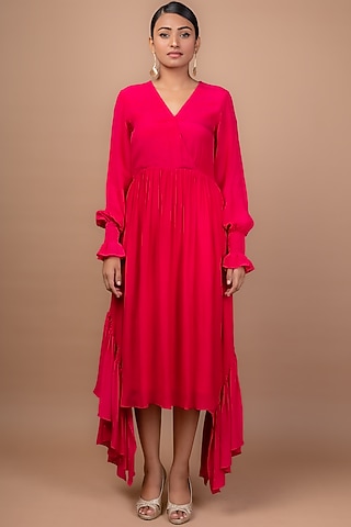 Fuchsia Viscose Crepe Midi Dress by Sadhvi Suri