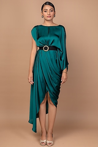 Emerald Green Satin Draped Dress by Sadhvi Suri