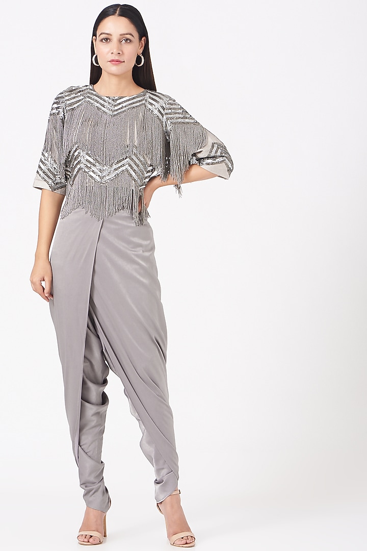Grey Satin Tulip Pant Set by Sadhvi Suri at Pernia's Pop Up Shop