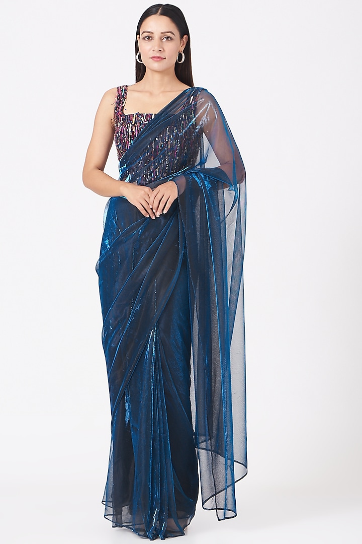 Bright Cobalt Blue Hand Embroidered Pre-Draped Saree Set by Sadhvi Suri at Pernia's Pop Up Shop