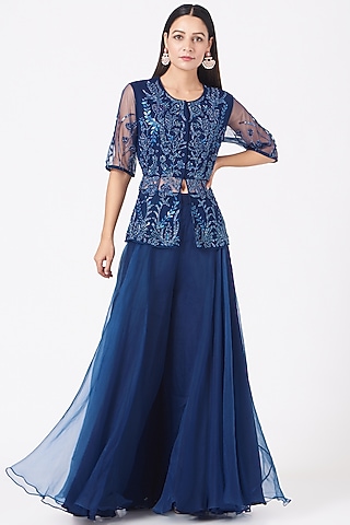 Catalina Blue Silk Organza Pant Set by Sadhvi Suri