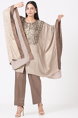 Beige & Brown Hand Embroidered Kaftan Set by Sadhvi Suri