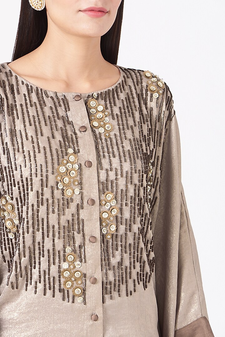 Beige & Brown Hand Embroidered Kaftan Set by Sadhvi Suri at Pernia's Pop Up Shop
