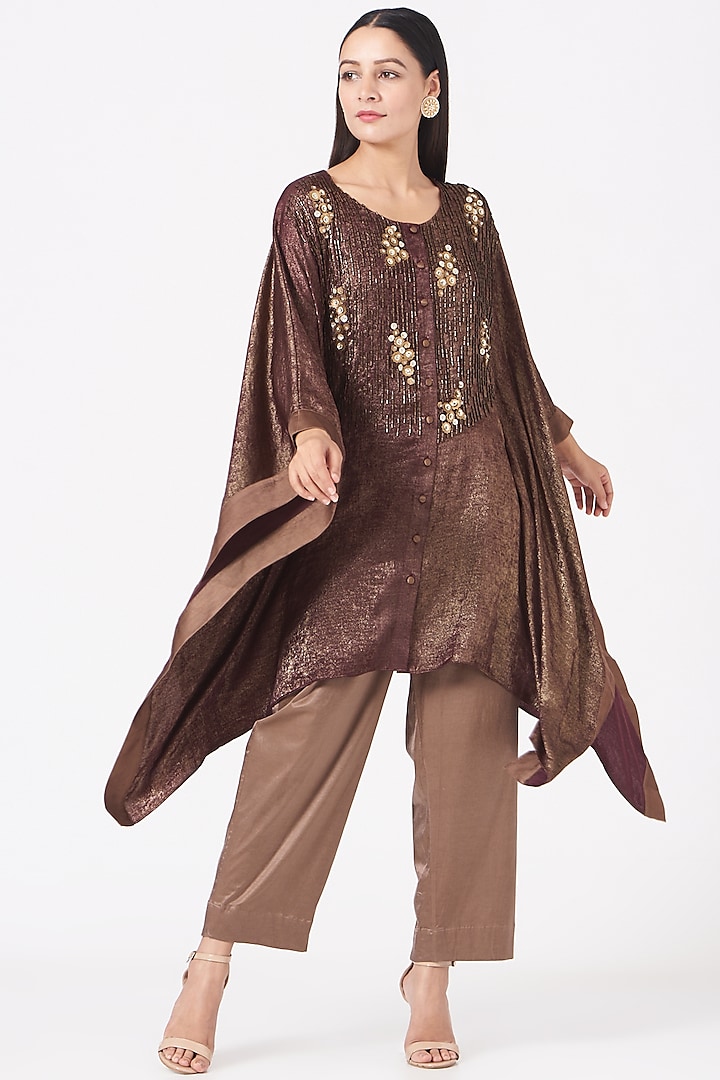 Dark Maroon Hand Embroidered Kaftan Set by Sadhvi Suri