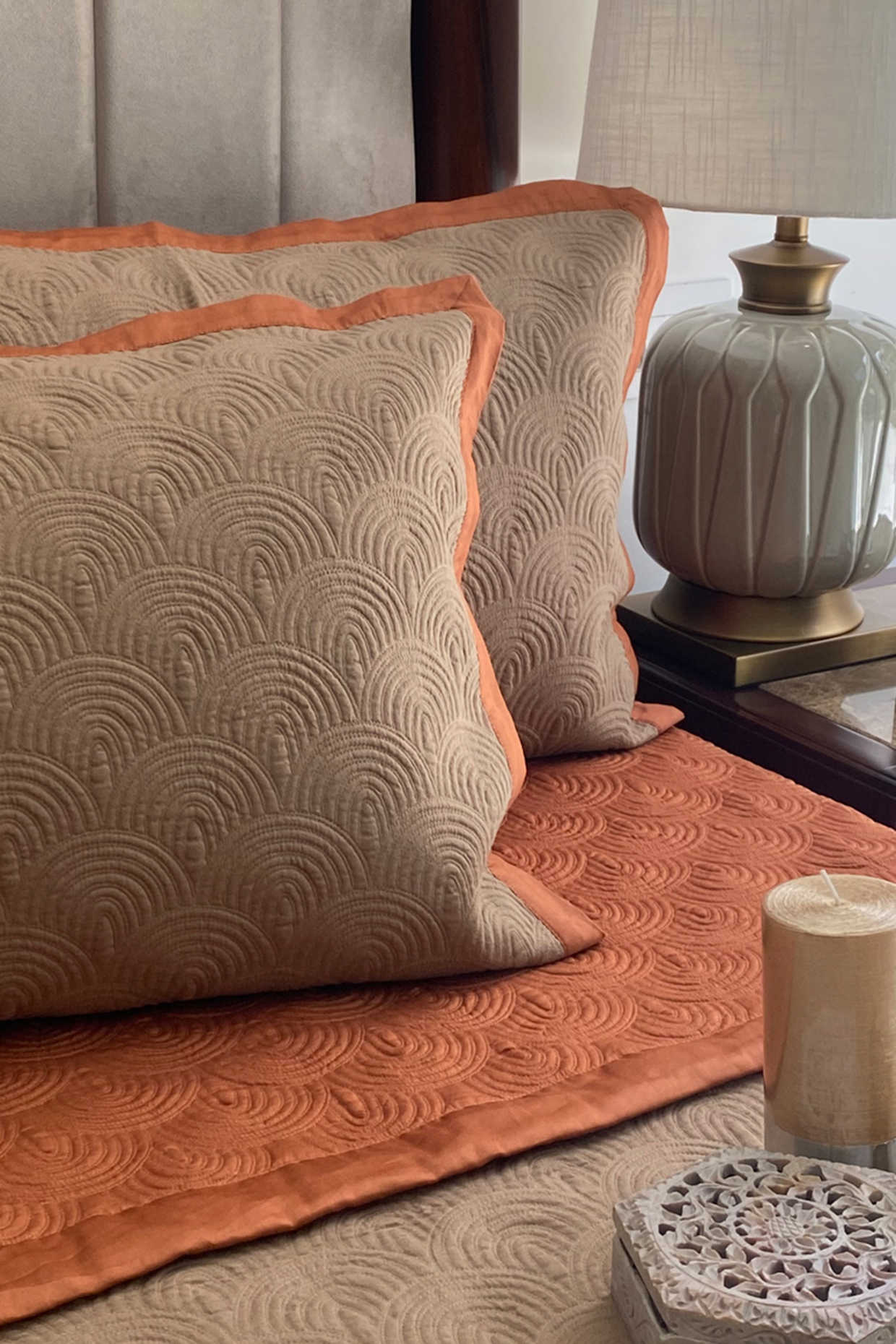 Rust Cotton Reversible Bedspread Set (Set of 3) by SADYASKA at Pernia's Pop Up Shop