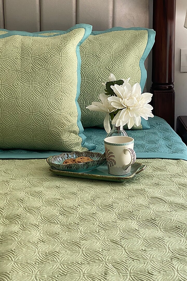 Turquoise Cotton Reversible Bedspread Set (Set of 3) by SADYASKA