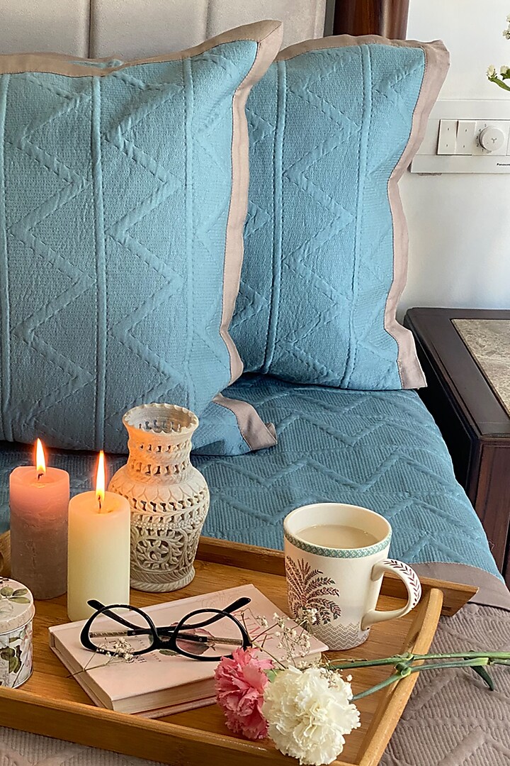 Teal Cotton Reversible Bedspread Set (Set of 3) by SADYASKA