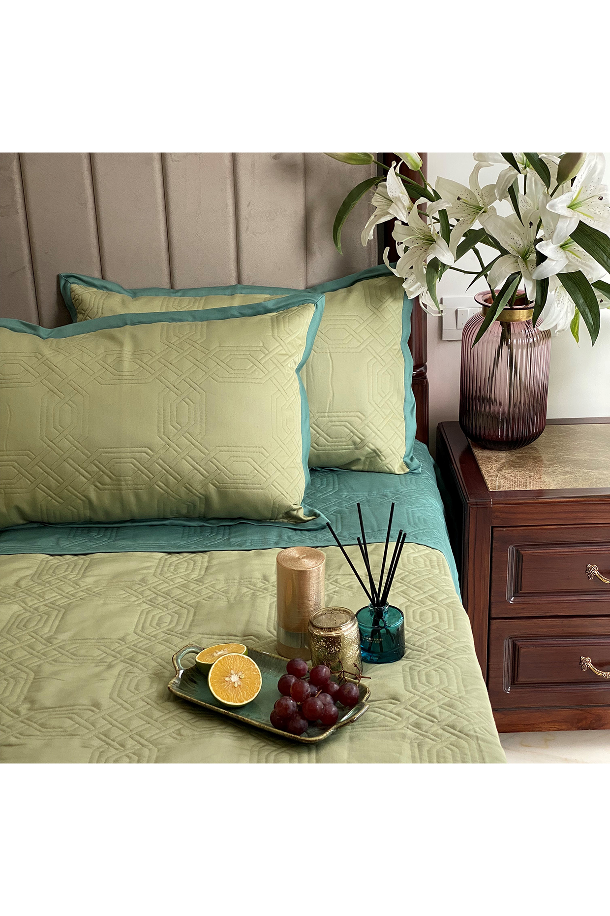Turquoise & Lime Green Quilted Bedspread Set (Set of 3) by SADYASKA at Pernia's Pop Up Shop