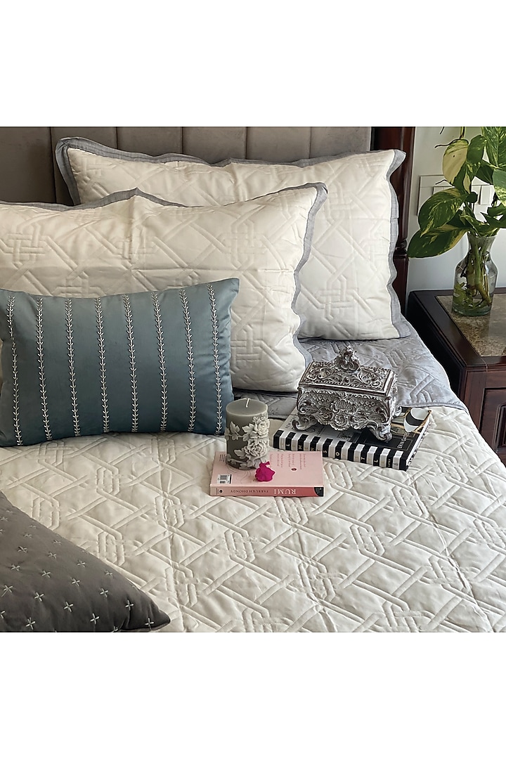 Grey Chambray Quilted Reversible Bedspread Set (Set of 3) by SADYASKA at Pernia's Pop Up Shop