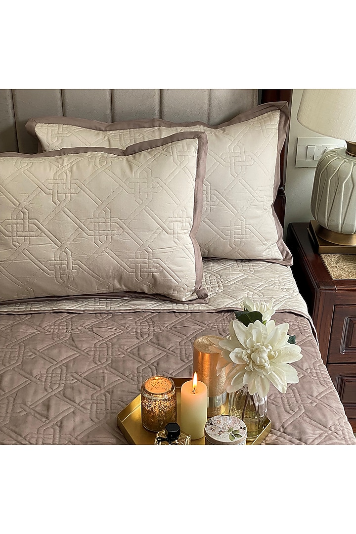 Beige Quilted Reversible Bedspread Set (Set of 3) by SADYASKA at Pernia's Pop Up Shop