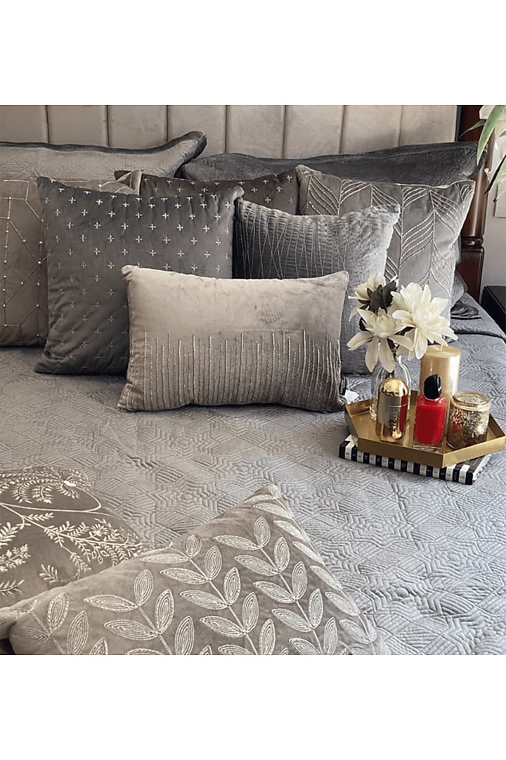 Dark Grey Pile & Velvet Bedspread Set (Set of 3) by SADYASKA at Pernia's Pop Up Shop