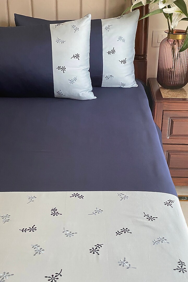 Smoke Blue Cotton Bedsheet Set (Set of 3) by SADYASKA at Pernia's Pop Up Shop