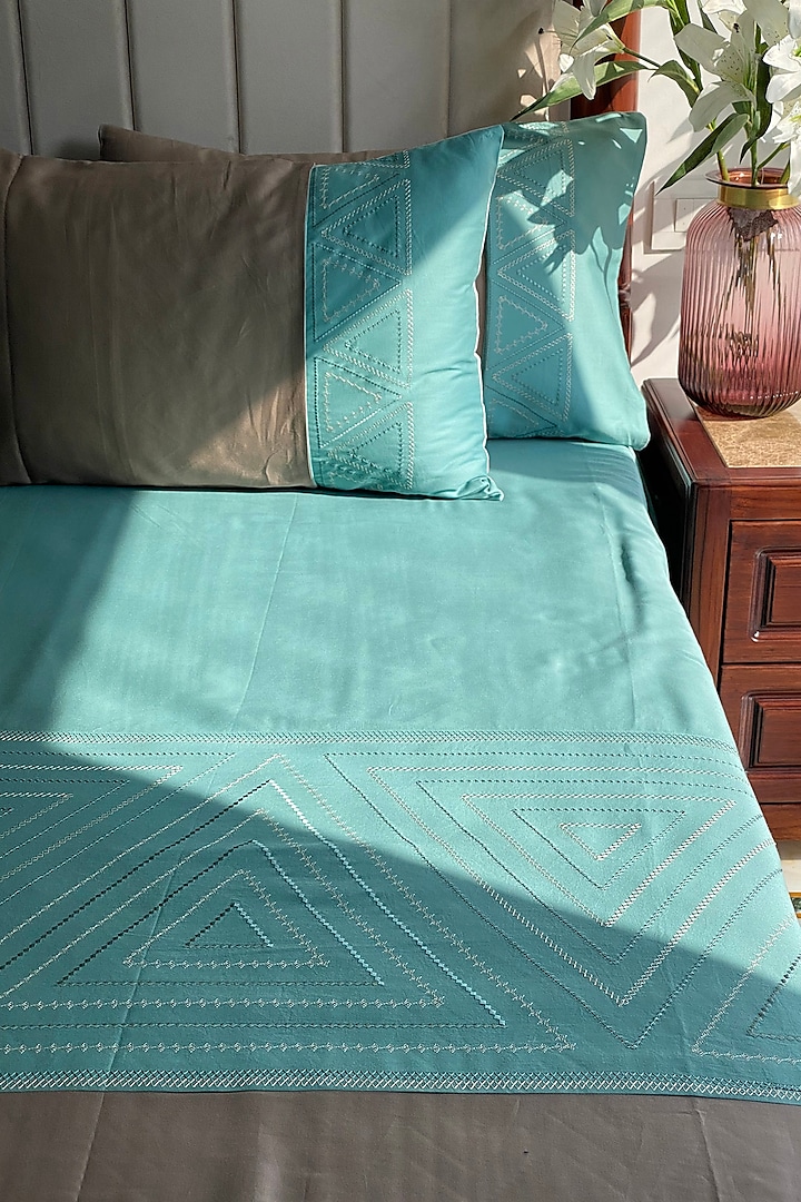 Turquoise Cotton Bedsheet Set (Set of 3) by SADYASKA