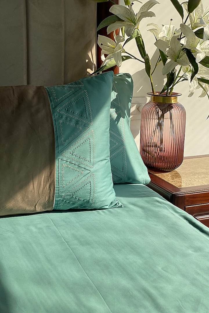 Turquoise Cotton Bedsheet Set (Set of 3) by SADYASKA at Pernia's Pop Up Shop