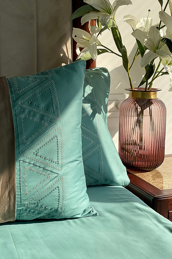 Turquoise Cotton Bedsheet Set (Set of 3) by SADYASKA at Pernia's Pop Up Shop