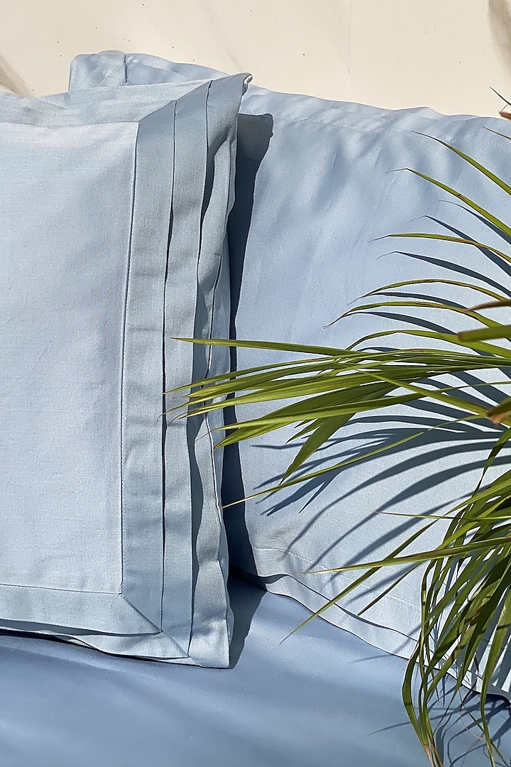 Smoke Blue Cotton Tri-Pleated Bedsheet Set Of 3 by SADYASKA