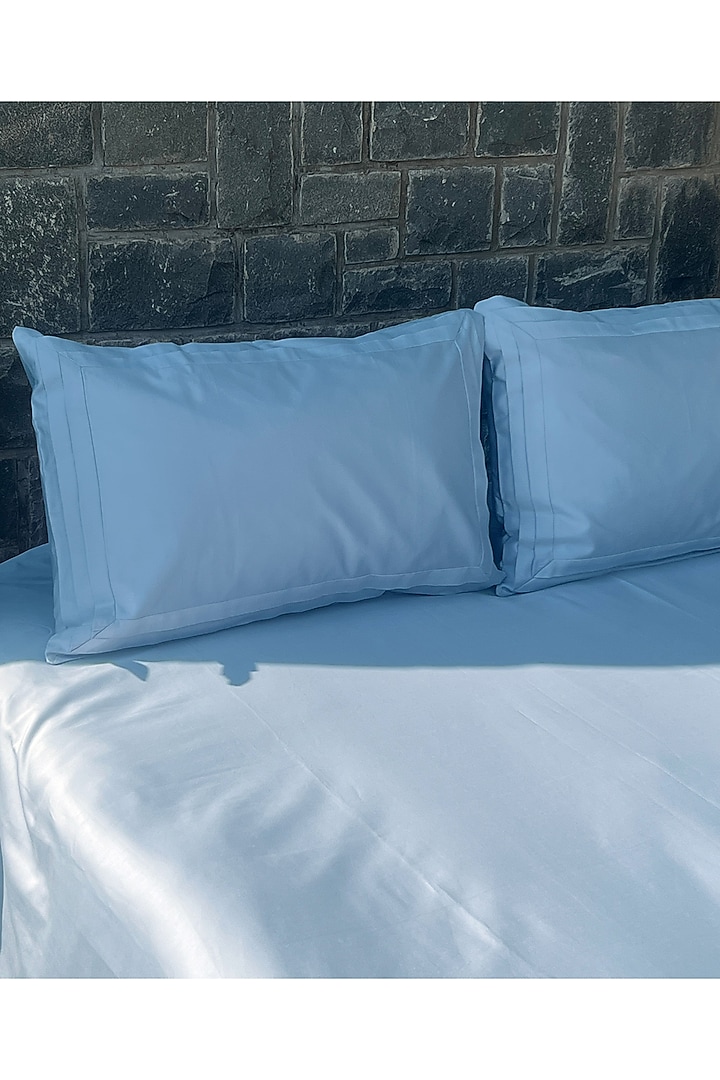 Smoke Blue Cotton Tri-Pleated Bedsheet Set Of 3 by SADYASKA at Pernia's Pop Up Shop