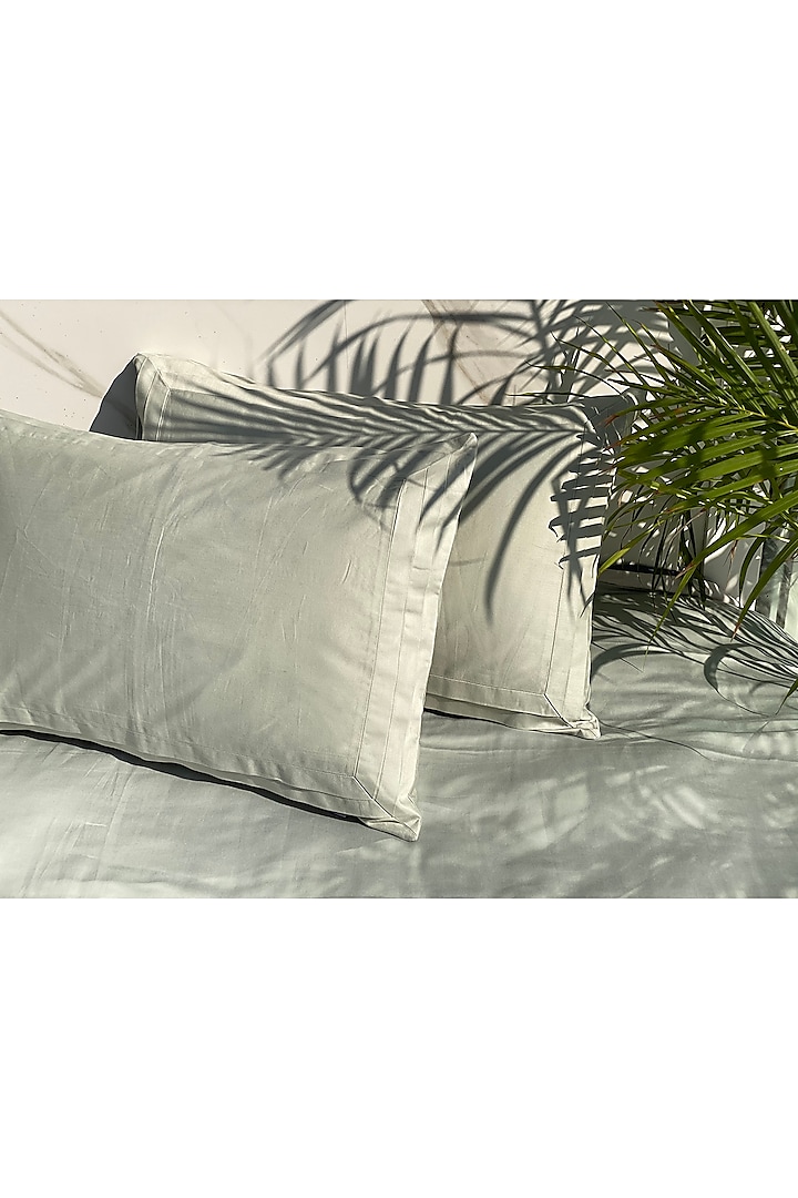 Sage Green Cotton Tri-Pleated Bedsheet Set Of 3 by SADYASKA