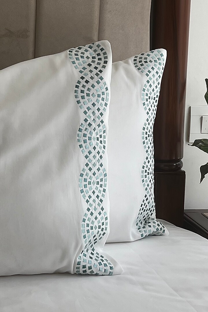 White Cotton Embroidered Bedsheet Set by SADYASKA at Pernia's Pop Up Shop
