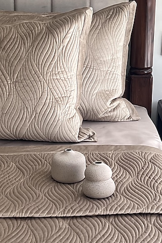 Champagne Gold  Velvet Quilted Bedspread Set (Set Of 3) by SADYASKA