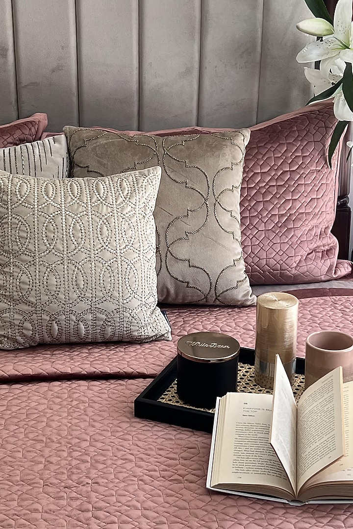 Blush Pink Velvet Quilted Bedspread Set (Set Of 3) Design by SADYASKA