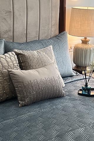 Powder Blue Velvet Quilted Bedspread Set (Set Of 3) by SADYASKA
